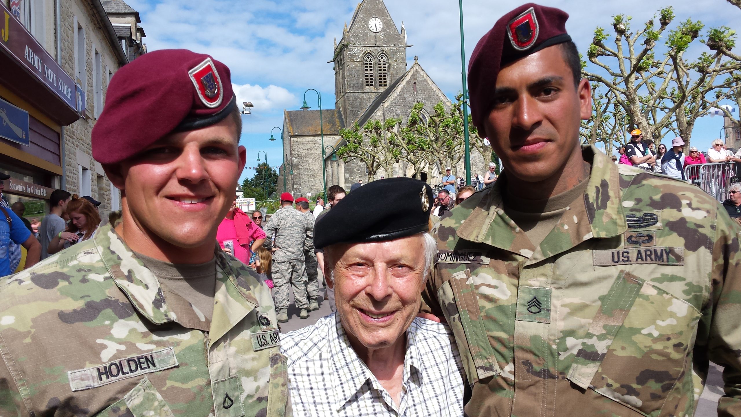 Charley and American paratroopers in St. Mere Eglise, Normandy, France for D-Day celebrations 2017