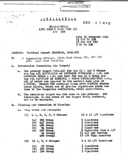 This is a narrative report of the 13th Combat Bomb Wing with a description of the mission to Hamburg on December 31, 1944 and a list of Bomb Groups-Wings which flew